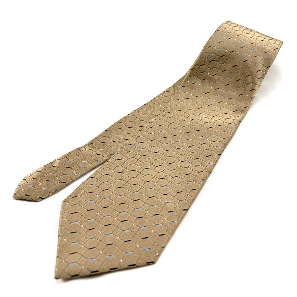 CALVIN KLEIN Tan/Blue 100% SILK Tie 4" Wide 60" X-Long Hexagon/Diamond #1600